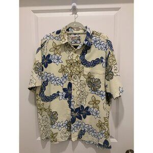 Local Motion Aloha Shirt Large S/S Button Casual Vacation Floral Tan Gold Blue